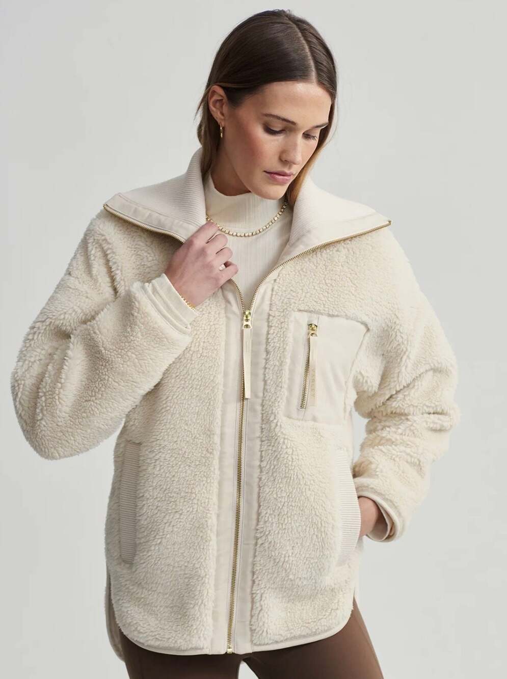 Varley Myla Faux Shearling Twill-Trimmed Zip-Through Jacket Cream Marl